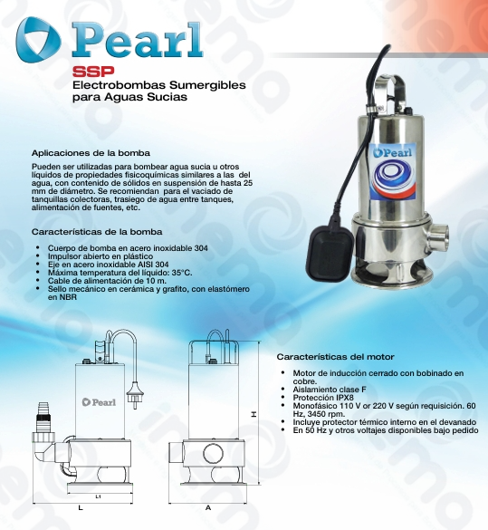 BOMBA SUMERGIBLE PEARL MOD SSP10C16A DESC 1-1/2" 1HP 220V 1F